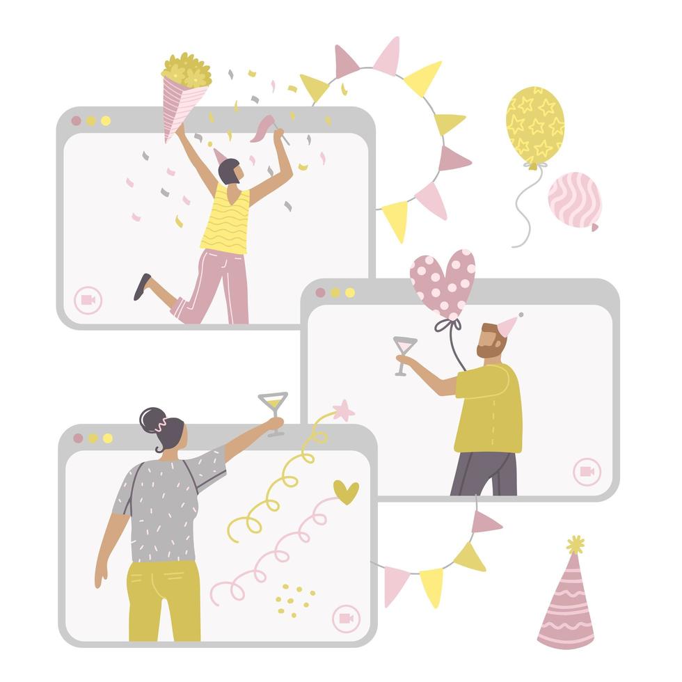 Self-isolation online birthday party. Remote friends holiday celebration metaphors. Spare time ideas for self-isolation. Several gadqet screens with people. Vector flat illustration.