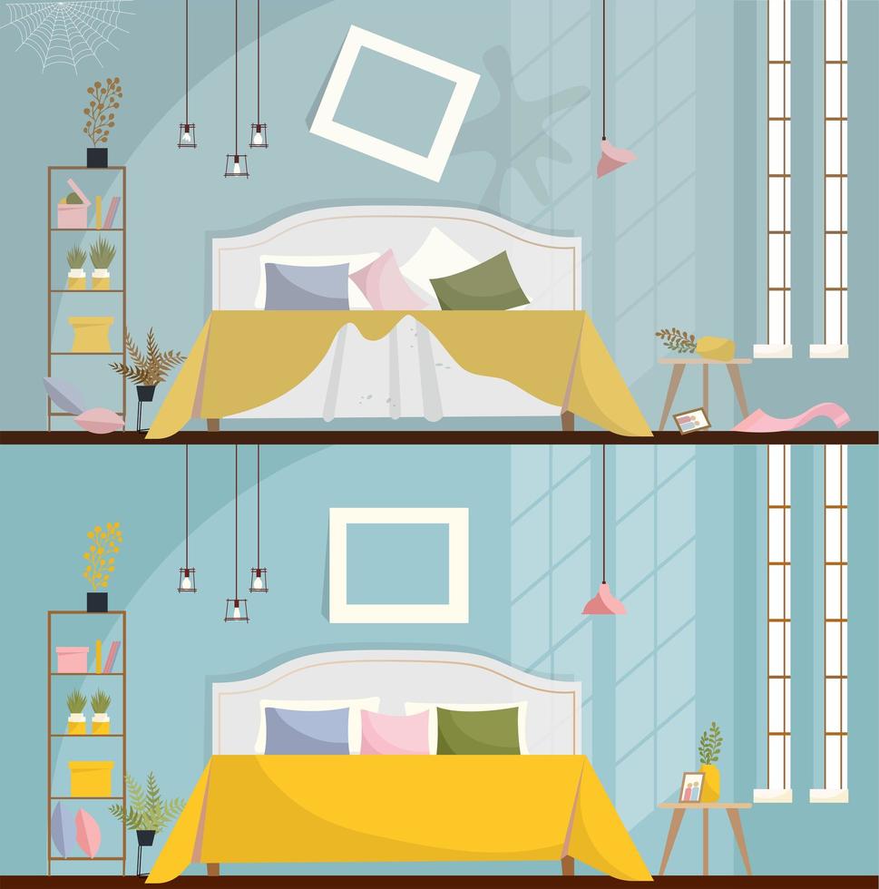 dormitorio antes y después de la limpieza. interior de la habitación sucia con muebles y artículos dispersos. interior de dormitorio con cama, mesitas de noche, armario y grandes ventanales. ilustración de vector de estilo de dibujos animados plana.