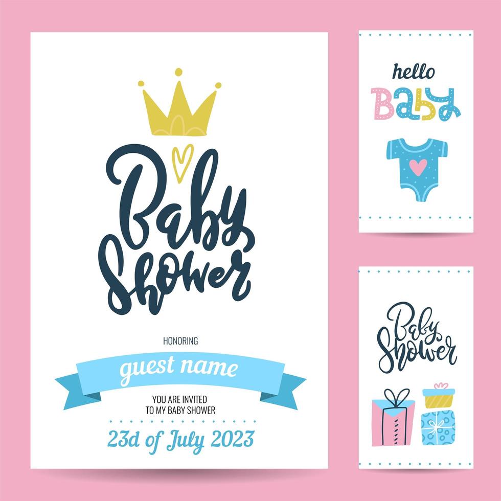 Gift tags and Birthday invitation card. Birthday party design elements with crown, gift boxes and hand lettering. Flat hand drawn doodle illustration. vector