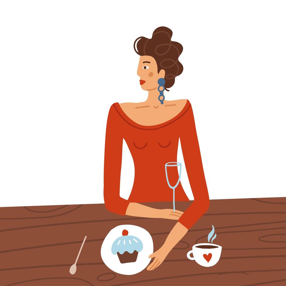 mujer elegante con vestido rojo sentada en la mesa del café. concepto de feliz día de san valentín. fecha en concepto de restaurante. hermosa chica tomando café con vino. ilustración vectorial plana. vector