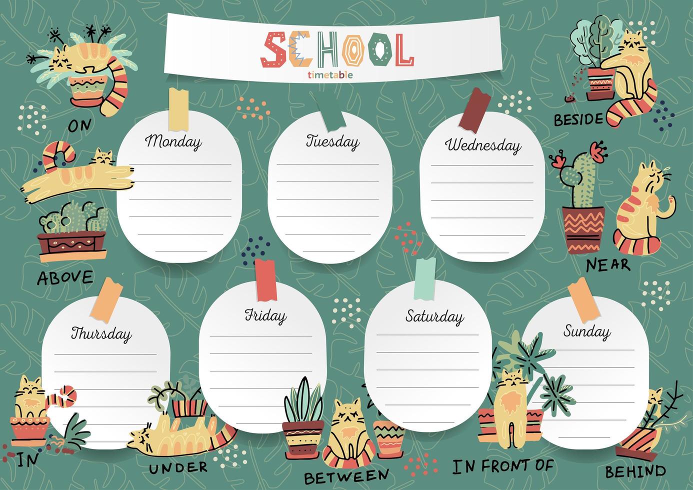 Schedule for the student in the form of board training and stickers with space for notes. School timetable, weekly schedule vector template with cute cartoon cats and plants with english prepositions