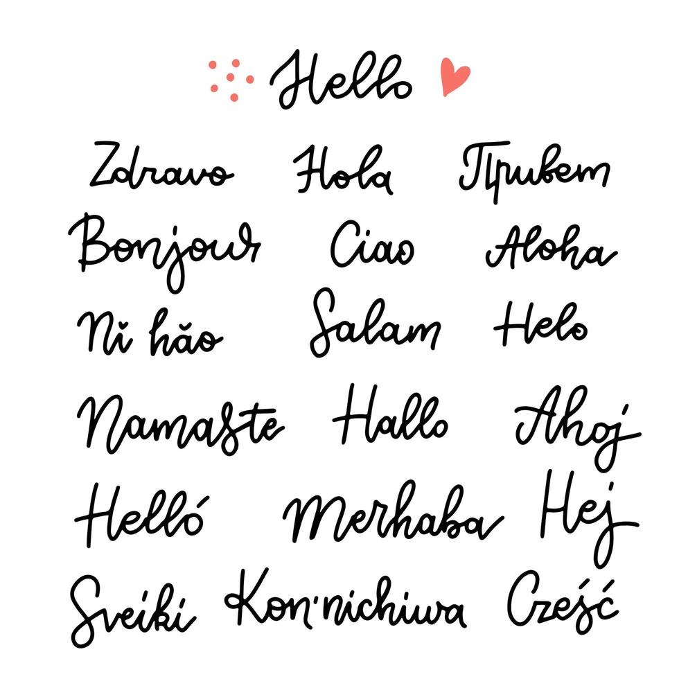 Set of word Hello in different languages. Linear hand drawn calligraphy. Vector illustration on white background. Elements for design. Hello label or logo.