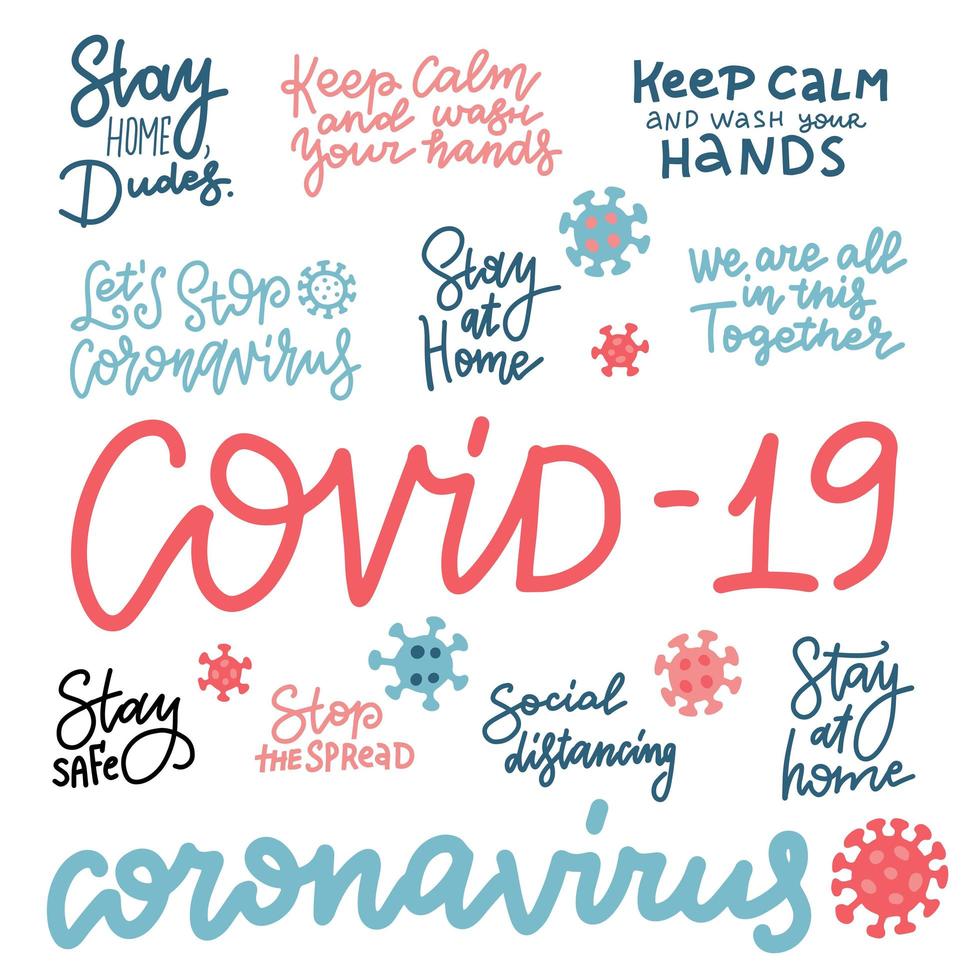 CoronaVirus linear lettering set. Vector flat illustration in line style. Stay home, Dudes. Stop virus. Don't panic. Social distance. Wash your hands. Stay safe