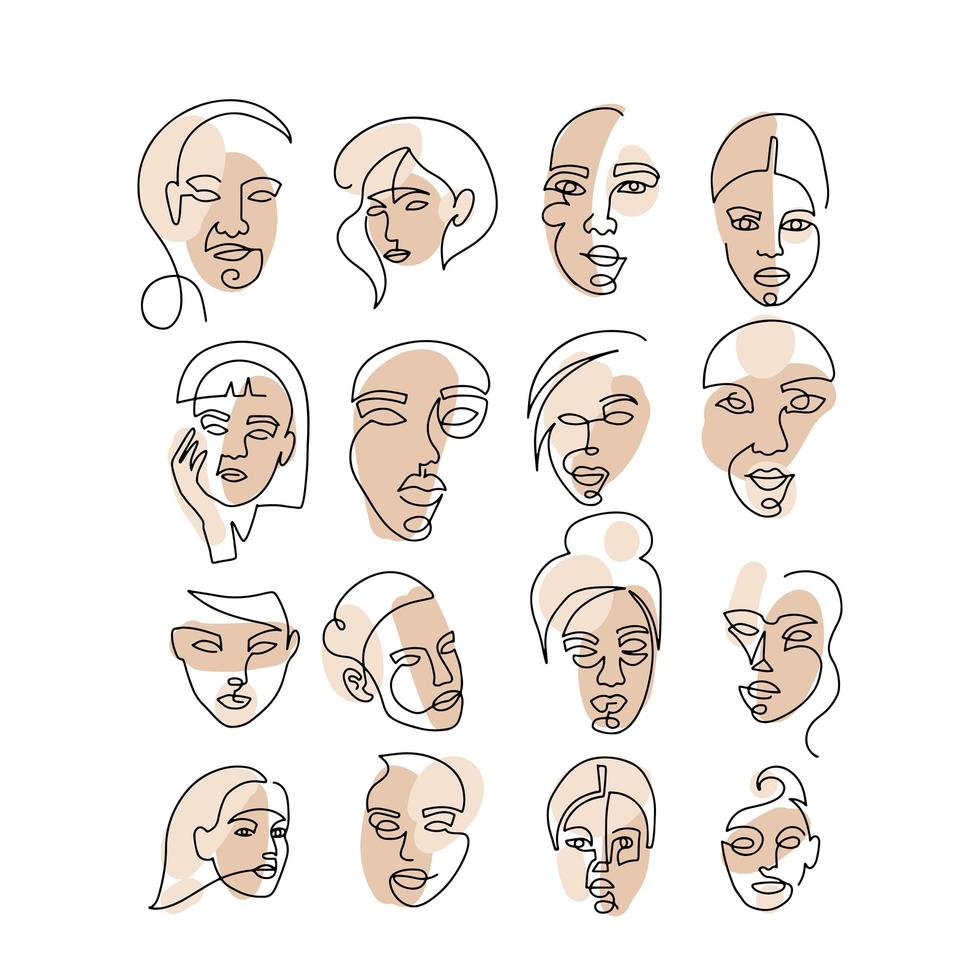 Set of abstract face one line drawing. Portrait minimalistic style. Fine one line drawing abstract female face. One line drawing abstract faces. Modern continuous line art big collection. vector