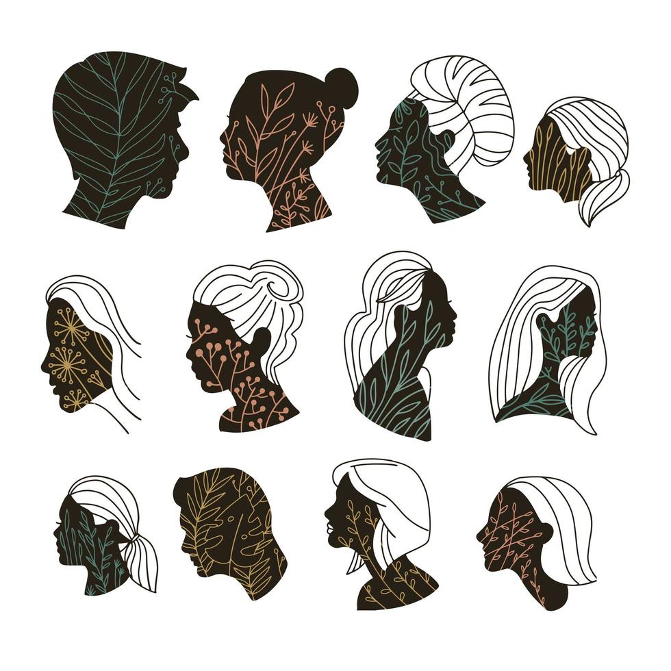 Beautiful female and male faces set in profile with floral decor - flower and branches drawn in one line. Vector linear hand drawn illustration.