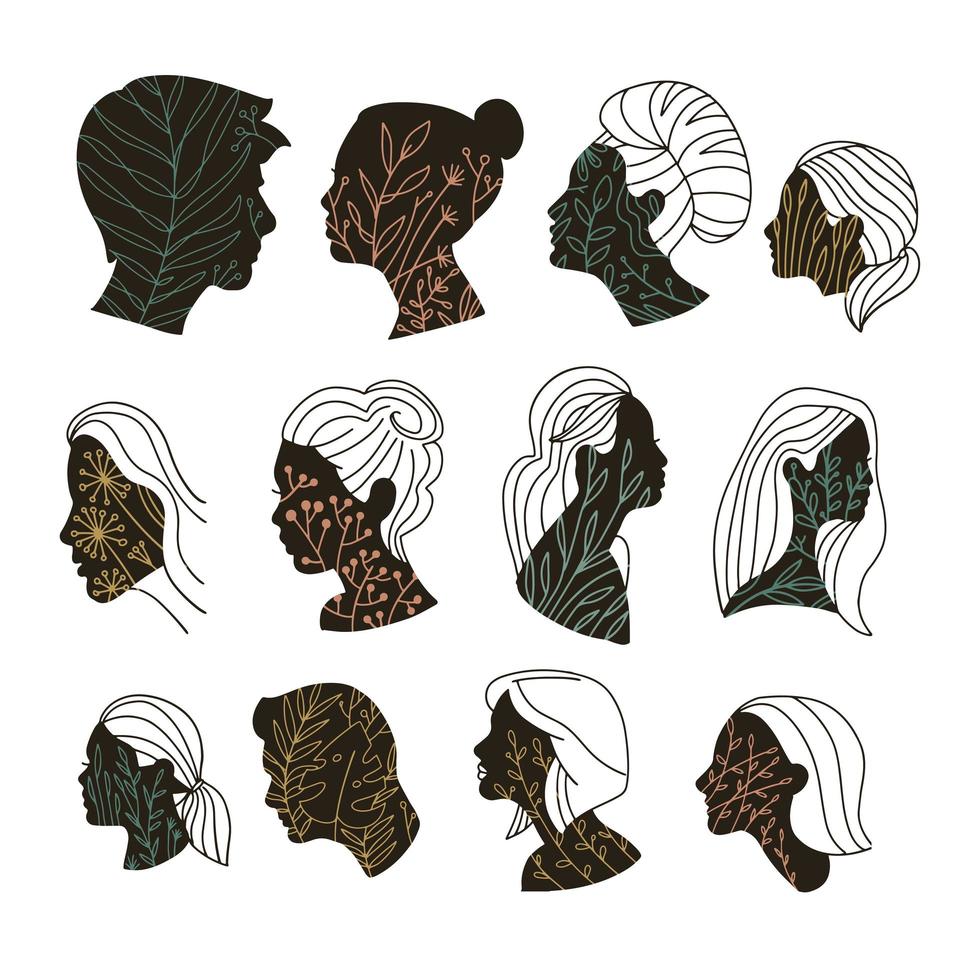 hermosos rostros femeninos y masculinos de perfil con decoración floral - flores y ramas dibujadas en una línea. ilustración dibujada a mano lineal vectorial. vector