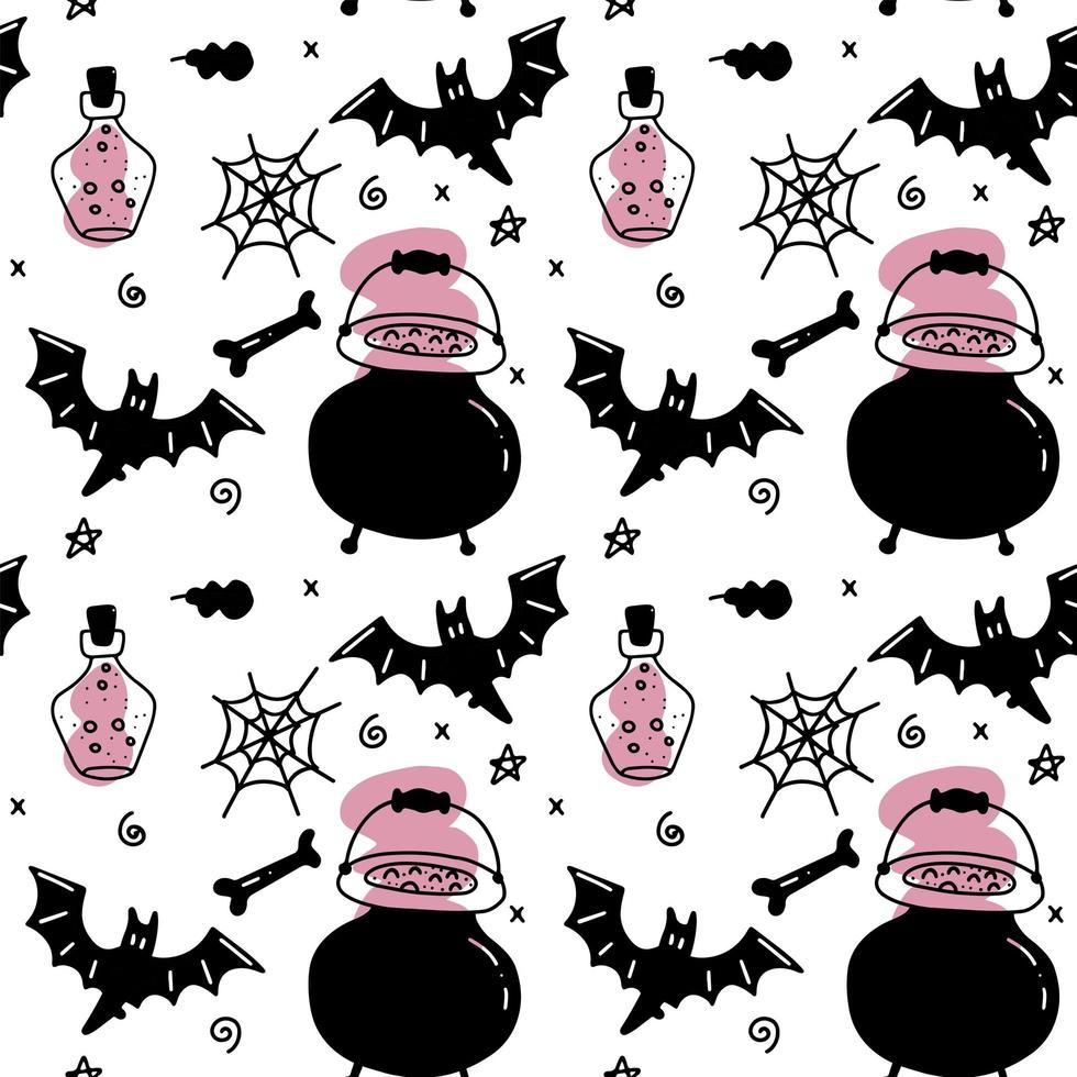 Vector Halloween seamless pattern. Black icons of potion in a flask, spider web, bat, cauldron. Design elements for halloween party poster. Flat simple illustration isolated on a white background.