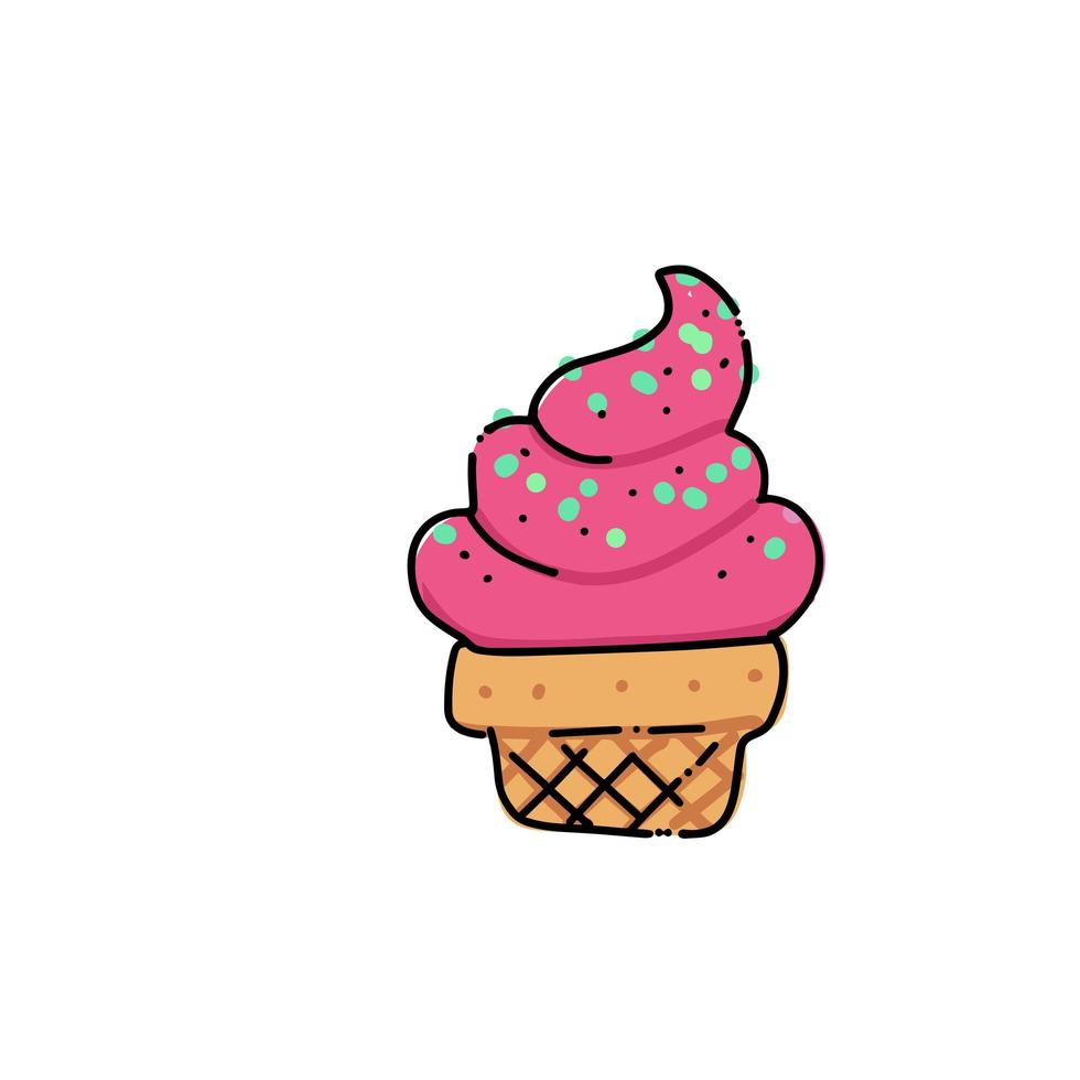 helado rosa en boceto de cono de galleta. ilustración aislada de dibujos animados dibujados a mano sobre un fondo blanco. dulce deliciosa comida de postre frío, merienda. dibujo estilizado de dibujos animados de línea de arte. garabatear. vector