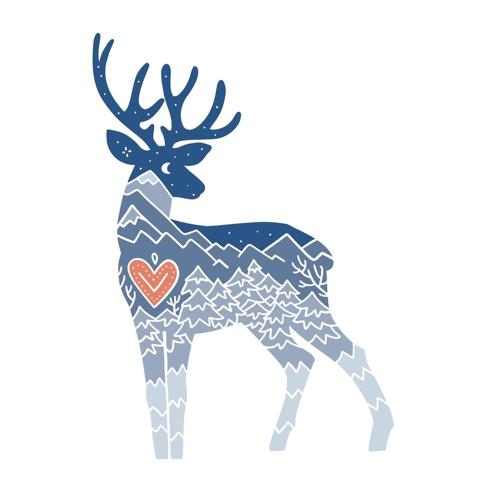 Silhouette of deer with stars sky and mountains inside. Stag with heart. Simple muted coloured vector hand drawn illustration. Linear design for print, cards, ad.