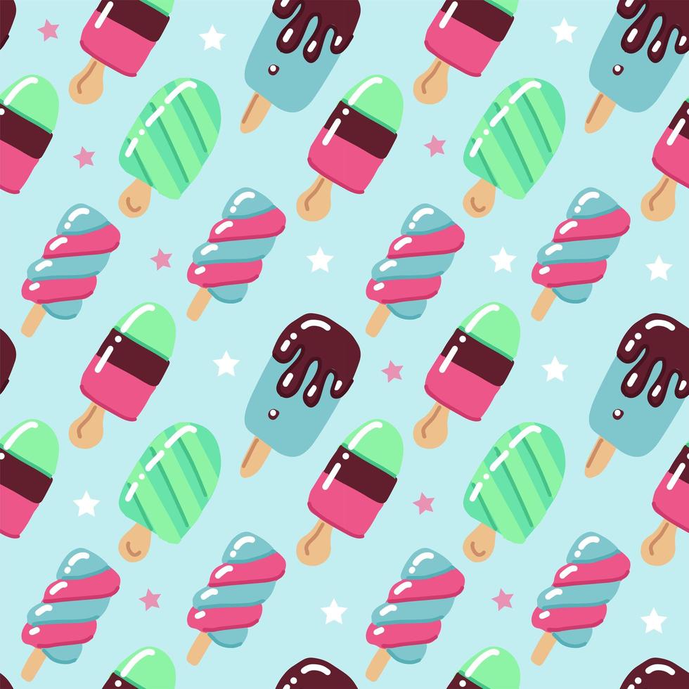 Cute summer hand drawn Seamless pattern with ice cream with popsicles on a blue background with stars. It can be used for packaging, wrapping paper, child textile vector