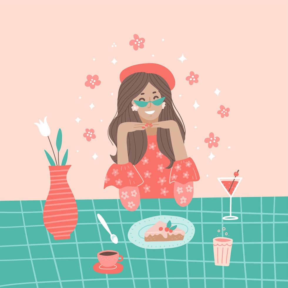 Beautiful girl in beret Sitting at Table and Drinking Coffee or Tea with piece of cake. Young Woman Character posing and having fun. Flat Vector Illustration