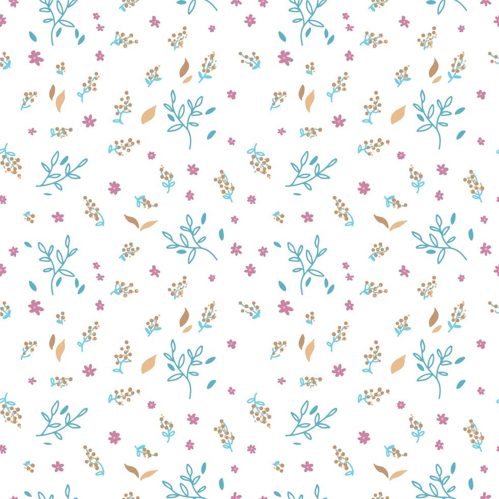 Hand drawn doodle leaves, brances and flower seamless pattern. Nature background. Spring wrapping paper. Vector outline illustration on white background.