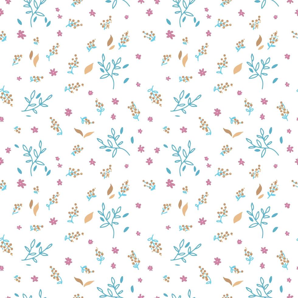 Hand drawn doodle leaves, brances and flower seamless pattern. Nature background. Spring wrapping paper. Vector outline illustration on white background.