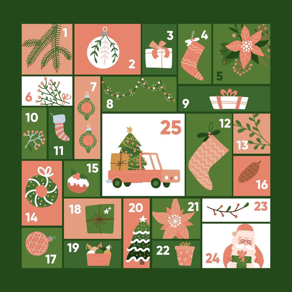 plantilla de calendario de adviento de navidad. linda decoración de la temporada navideña celebración del día de navidad. colores pastel rojo y verde. ilustración vectorial dibujada a mano plana vector