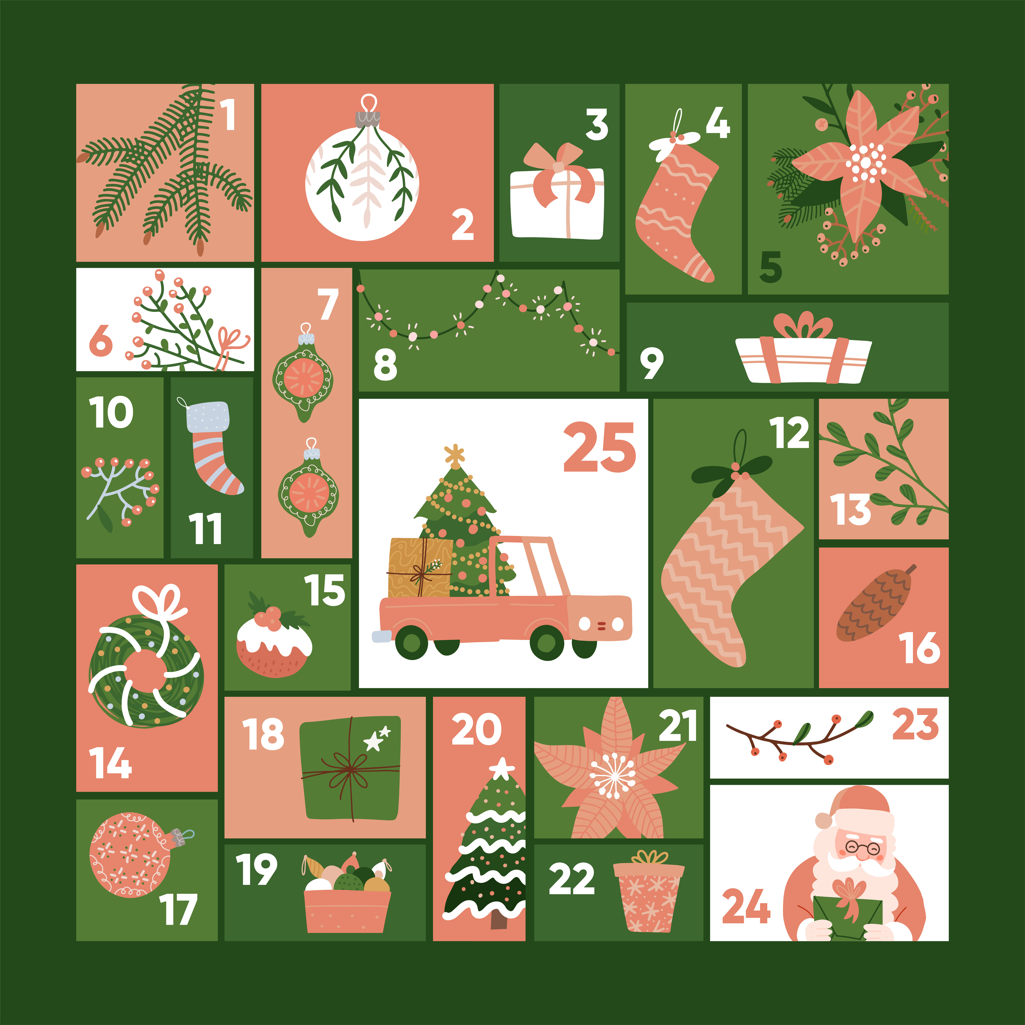 Christmas advent calendar template. Cute holiday season decoration xmas Christmas advent calendar template. Cute holiday season decoration xmas