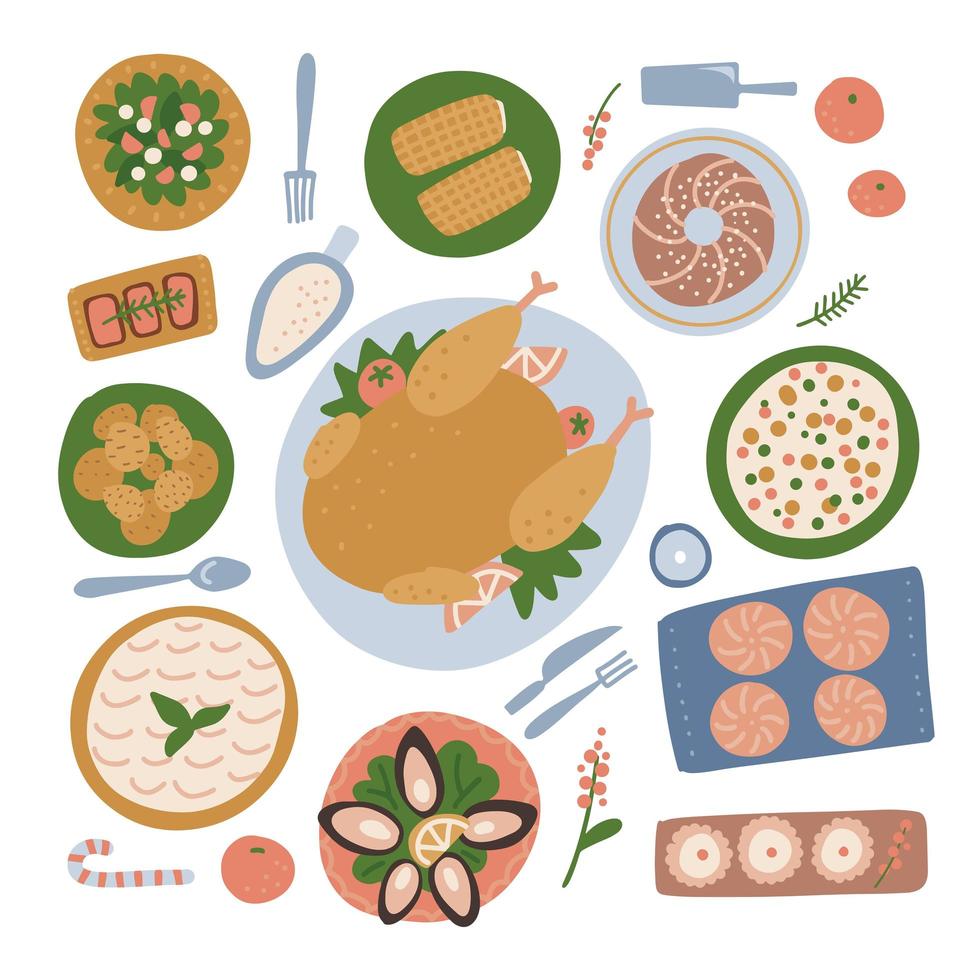 Platos navideños tradicionales conjunto aislado sobre fondo blanco. comida festiva en una vista de mesa desde arriba. vista superior sobre la comida clásica de año nuevo. plato principal y postre. ilustración vectorial plana. vector