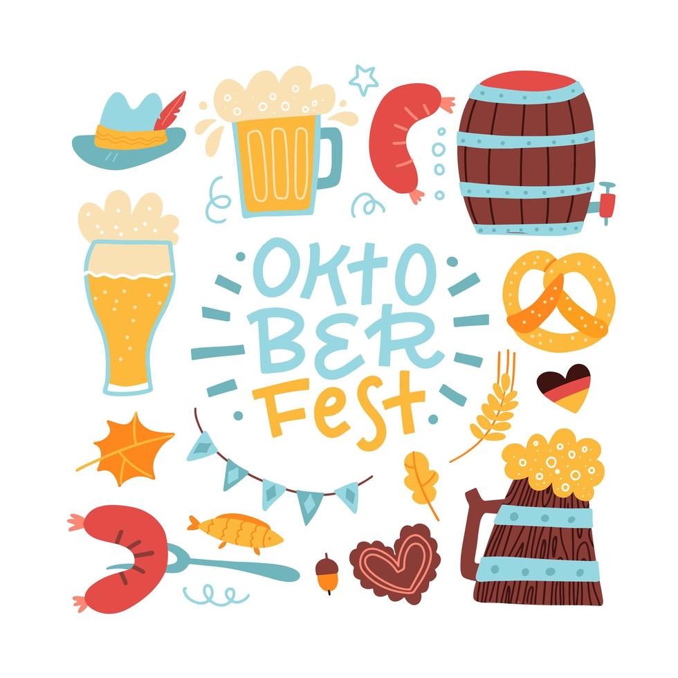 Set of Oktoberfest hand drawn elements. Lettering Phrase inside square frame. Text in border of beer mug, pretzel, sausage, Bavarian flag garland. Beer festival greeting card template. vector