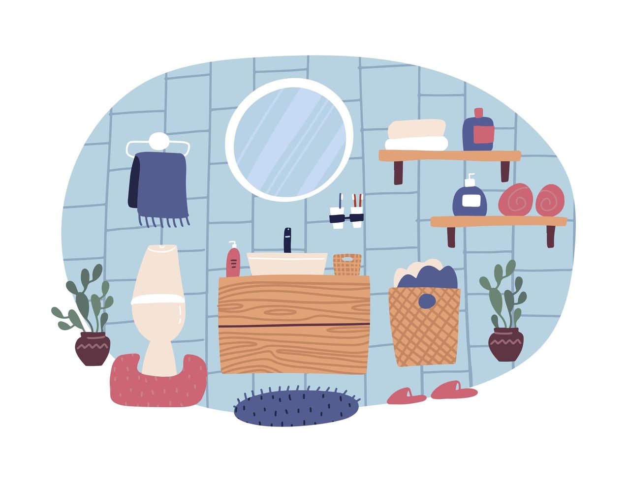 Cute bathroom interior in trendy Scandinavian style. Everyday routine. Sink with mirror and toilet. Isolated concept of morning hygiene. Flat vector in cartoon style