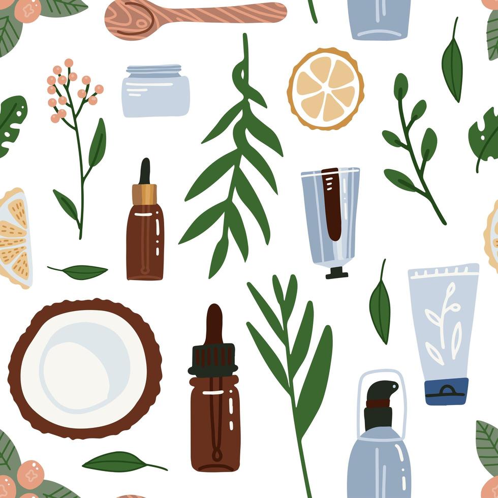 Organic cosmetic seamless pattern with bottles, jars, tubes. Herbal cosmetics background . Woman stuff, eco girls accessory concept. Natural face care products. Vector Flat hand drawn illustration