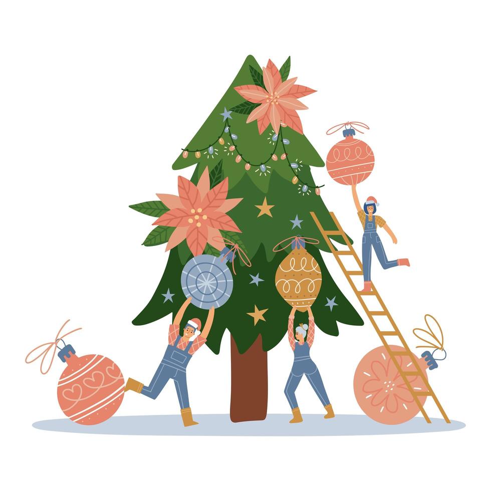 Group of little people decorating christmas tree. Xmas greeting card illustration. Vector flat design of cute tiny characters are preparing for winter holidays. Flat vector illustration.