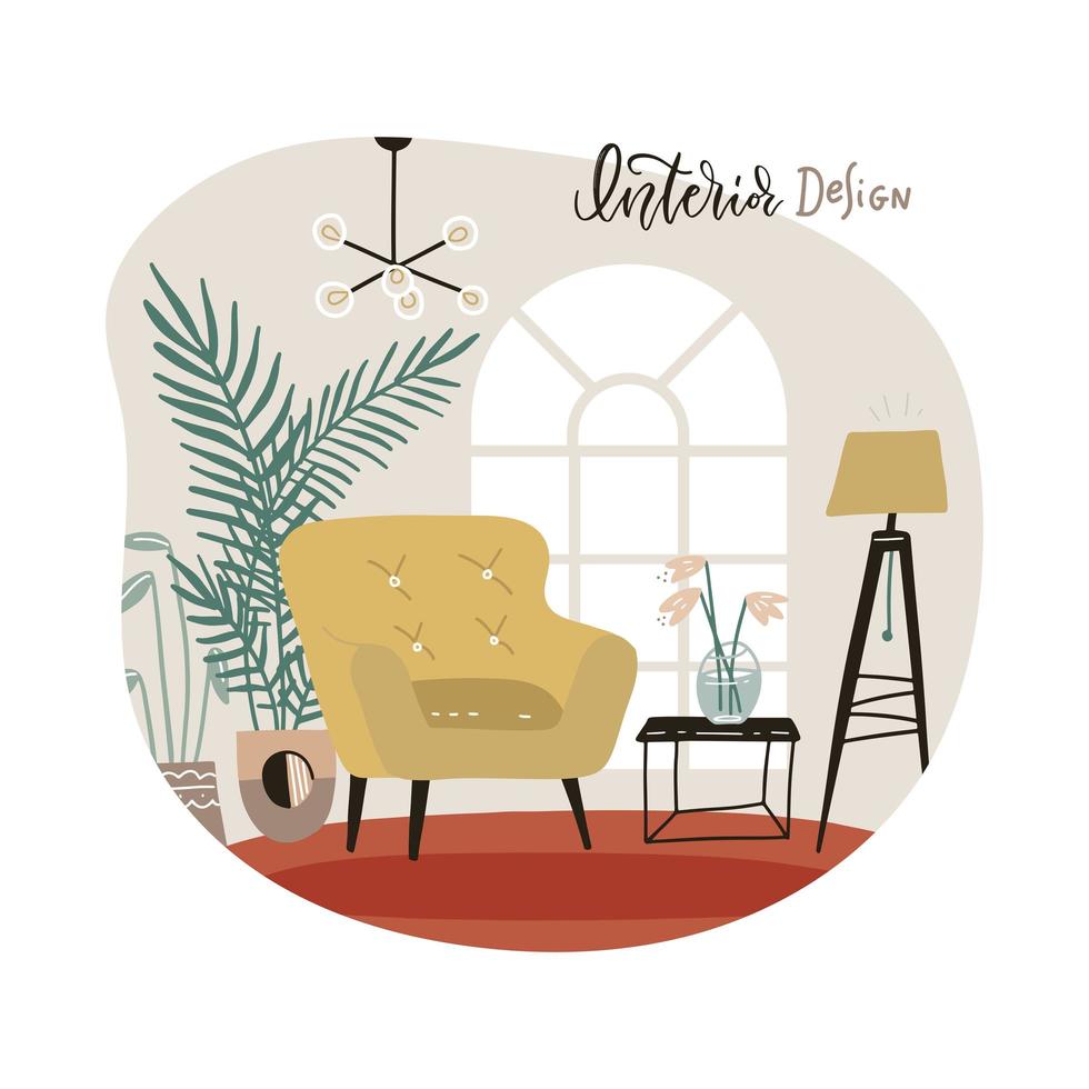 Interior of the living room with furniture. Modern armchair with mini table. Stylish appartment interior with indoor plants in scandinavian style. Flat hand drawn isolated Vector illustration.