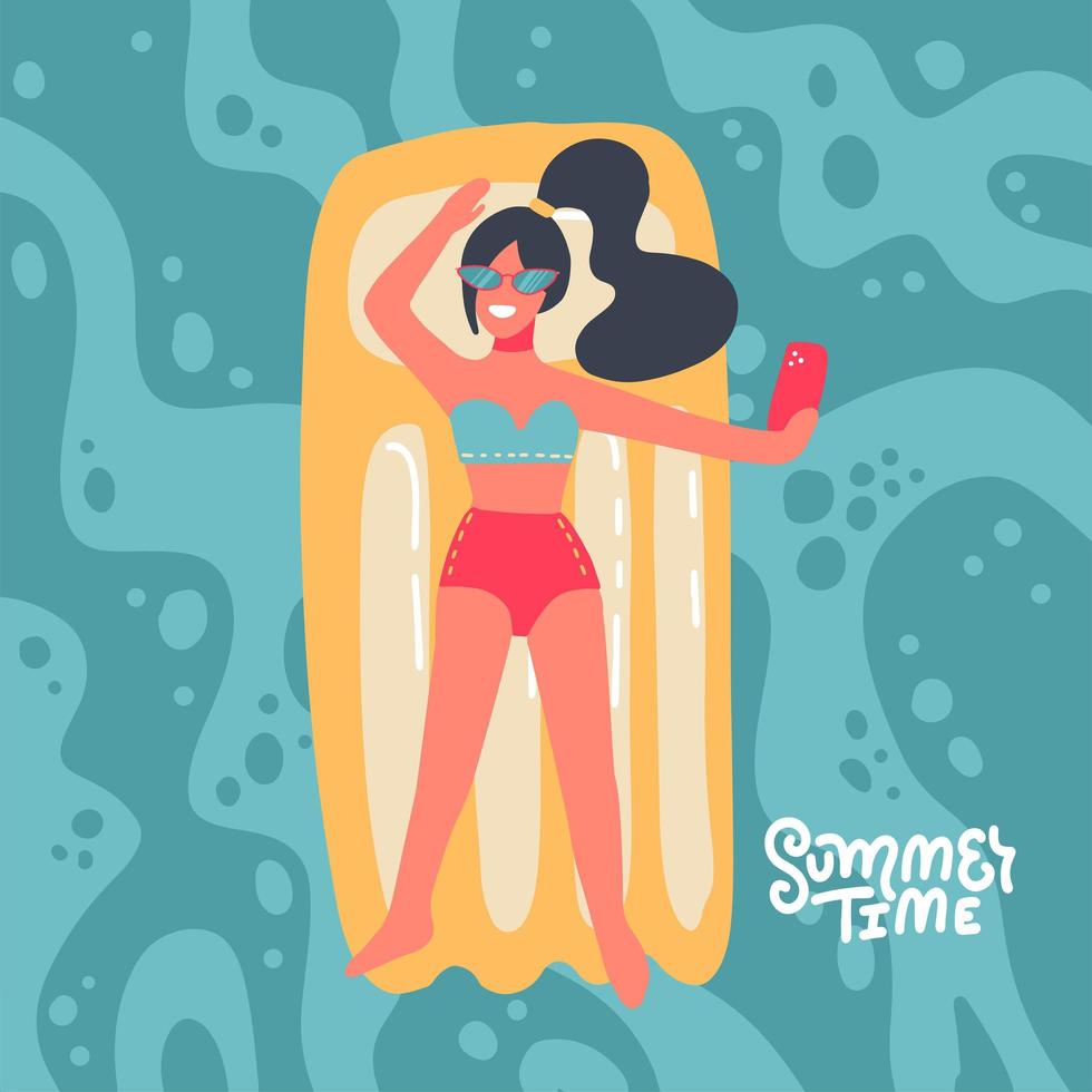 Cool young woman in swim suit lying on floating swimming pool mattress. Summer resort vacation background with sexy girl relaxing on inflatable rubber mattress. Water beach vacation. Vector banner