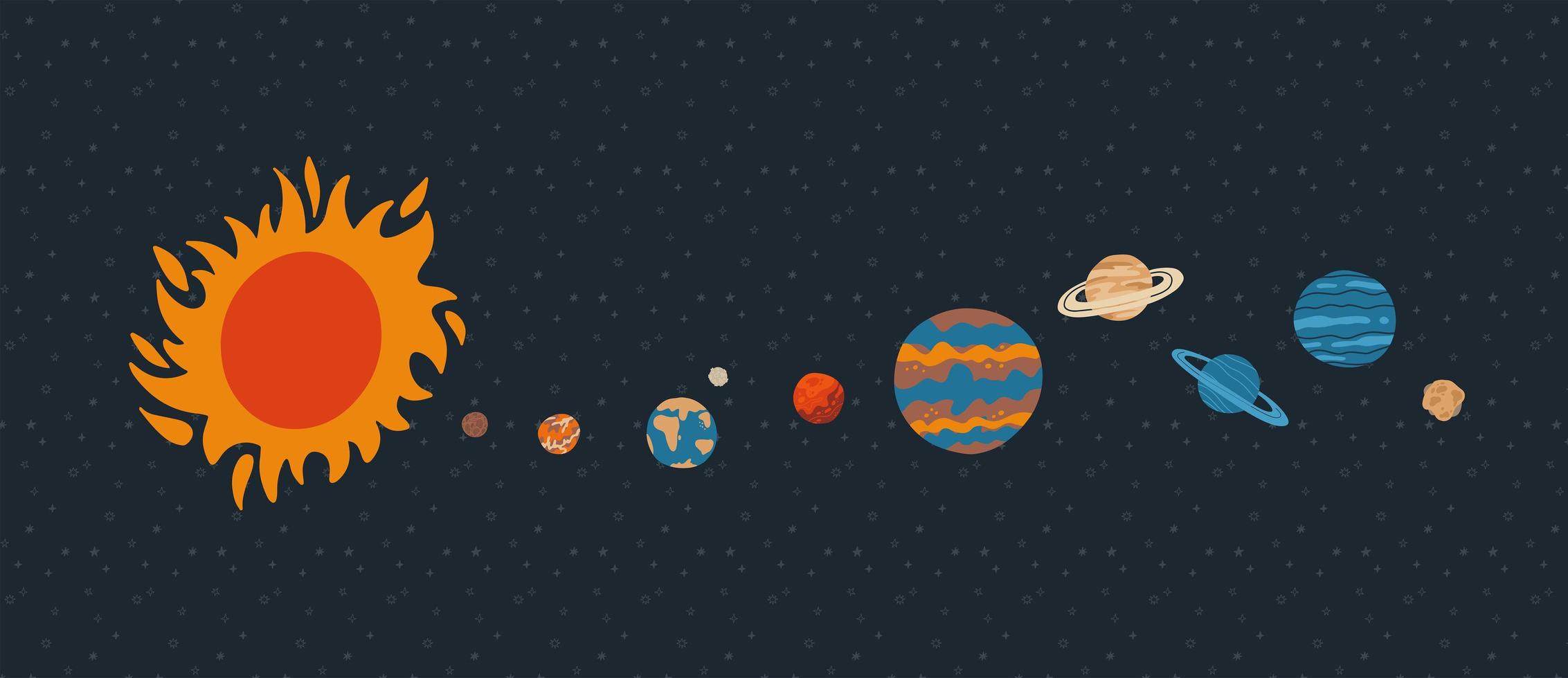 sistema solar con órbitas solares y planetas sobre fondo azul oscuro. ilustración vectorial plana dibujada a mano vector