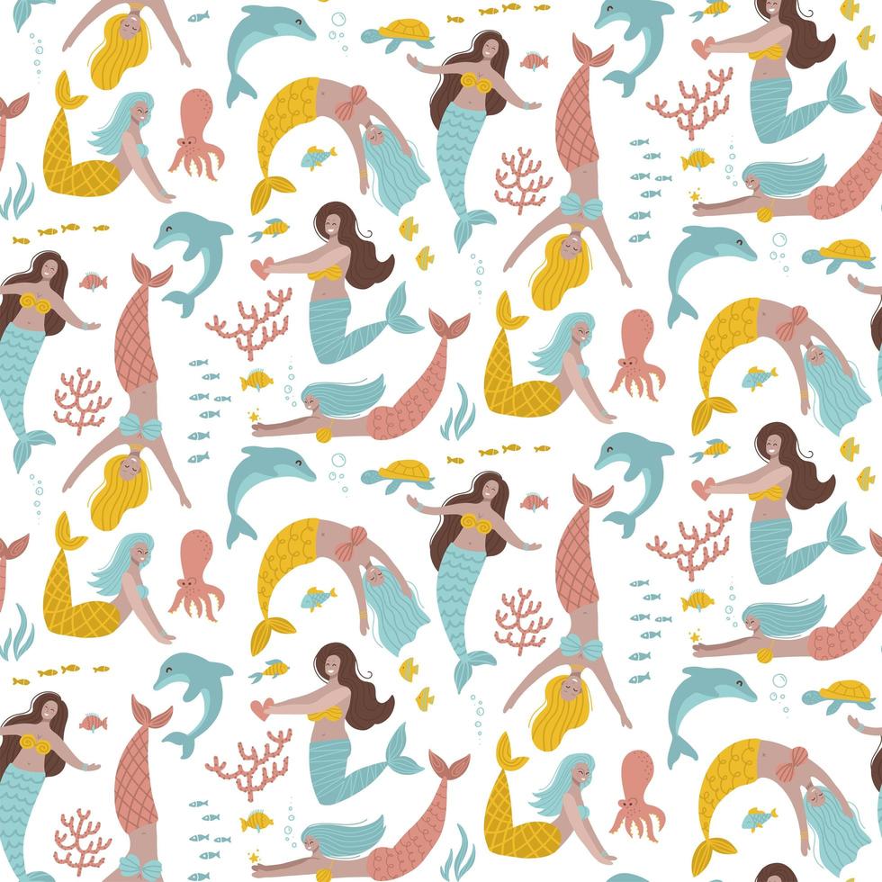 Pastel seamless pattern with fairy mermaids and cute underwater sea creatures - dolphin, octopus, coral. Endless repeatable fairytale texture. Colored flat vector illustration on white background