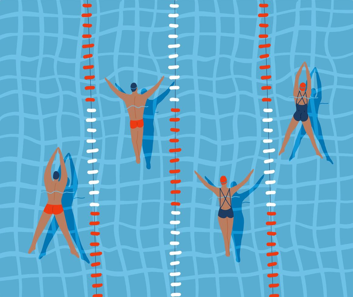 los nadadores están nadando en la piscina, vista superior ilustración vectorial plana. vector