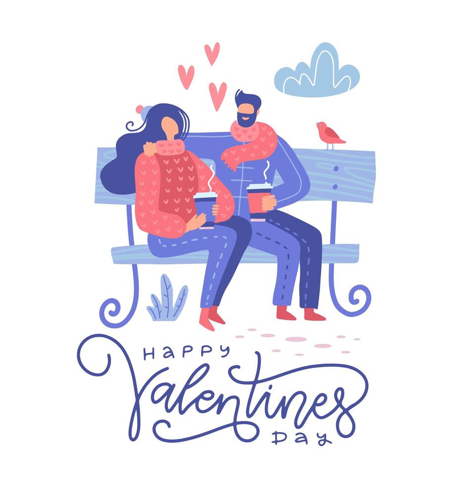 linda pareja romántica sentada en un banco en el parque y bebiendo café, escena encantadora de primavera. tarjeta de felicitación del día de san valentín. ilustración vectorial plana. vector