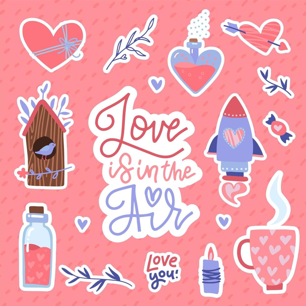Valentines Day set of stickers with hearts, potion, birdhouse, cup, rocket with lettering isolated on white background. Vector flat illustration.