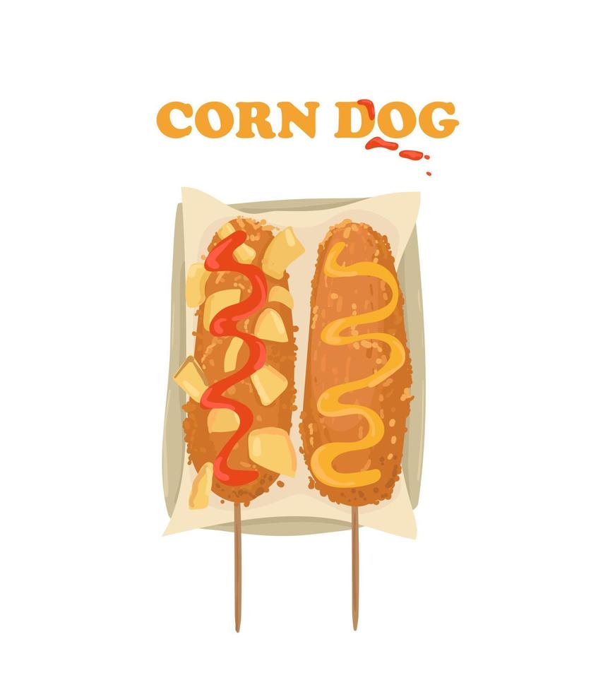 Corn dog vector illustration. Corn dogs with ketchup and mustard.