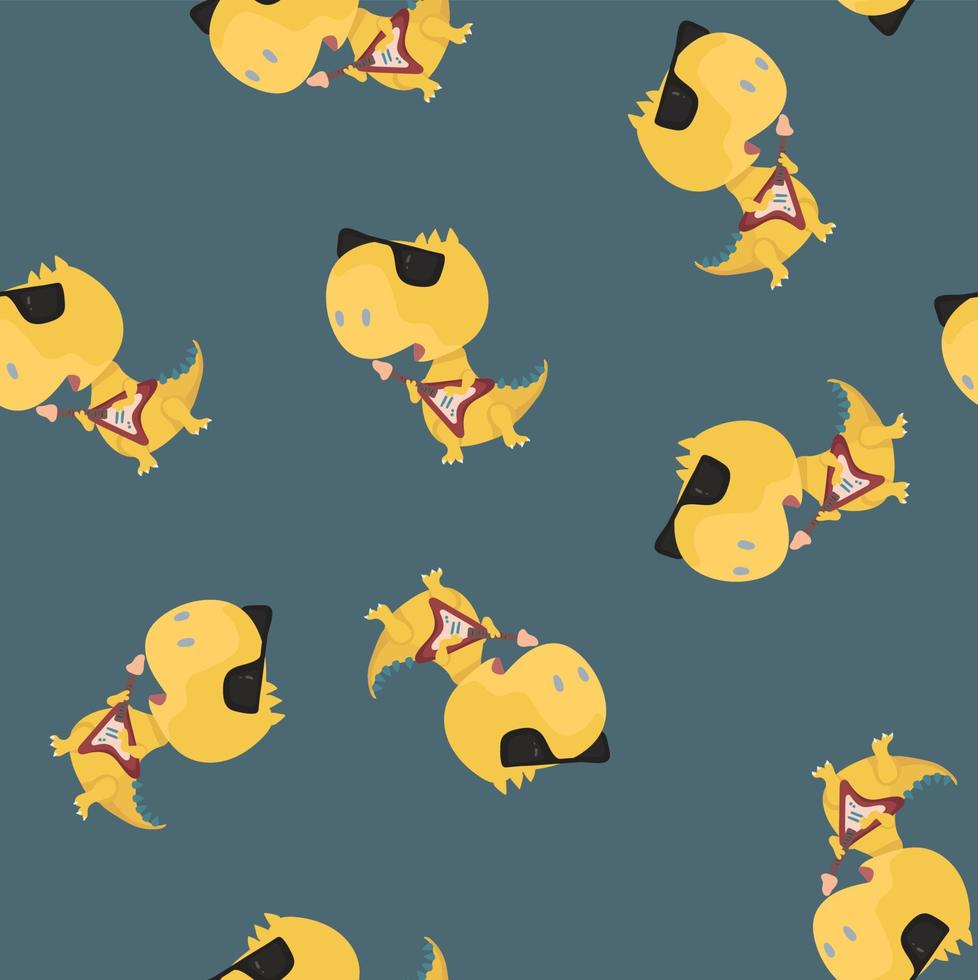 patrón de dinosaurio. ilustración infantil, patrón para papel pintado, textil. patrón con dinosaurio amarillo con guitarra vector