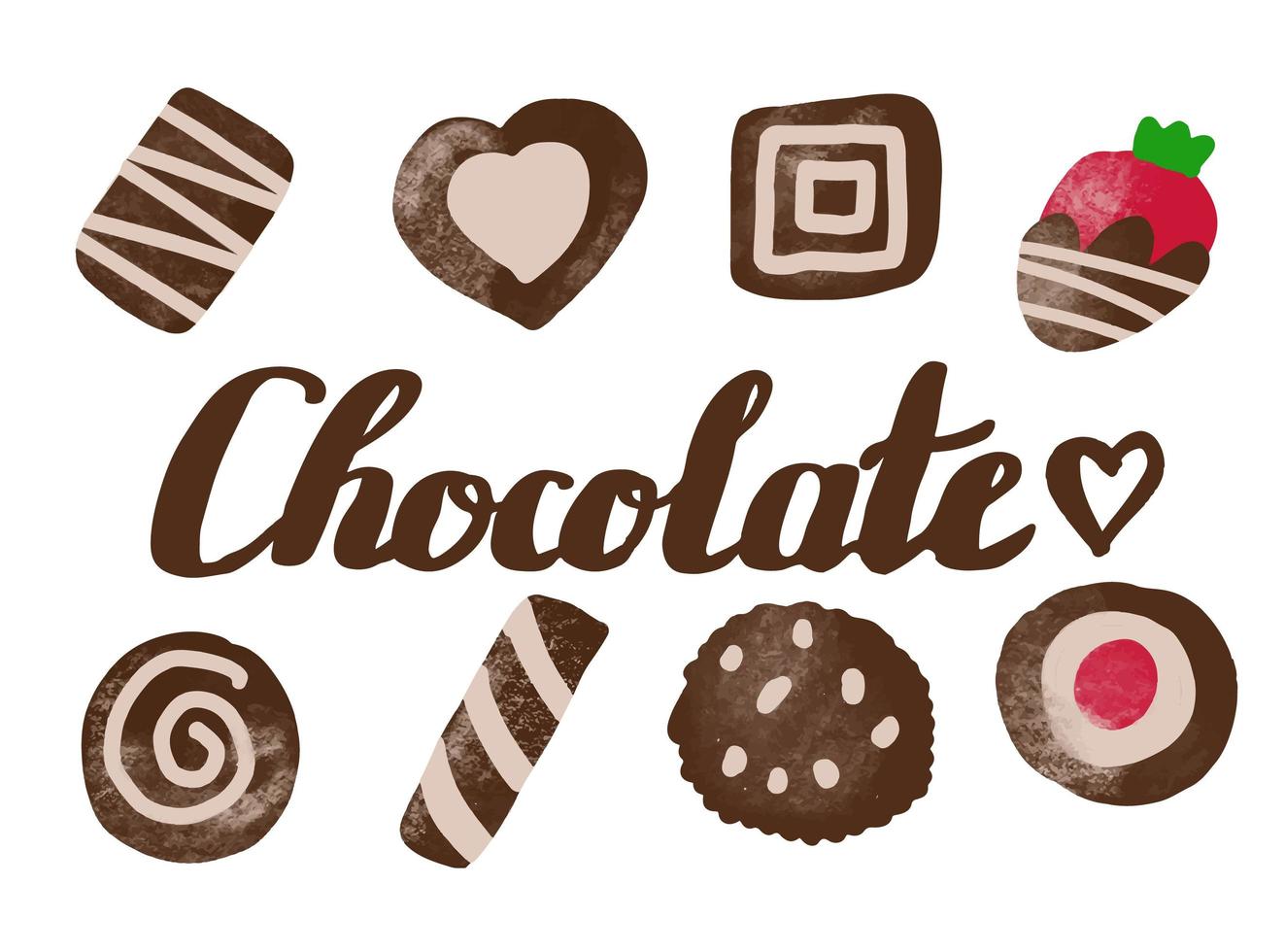 conjunto de dulces de chocolate y letras de chocolate aisladas en blanco vector