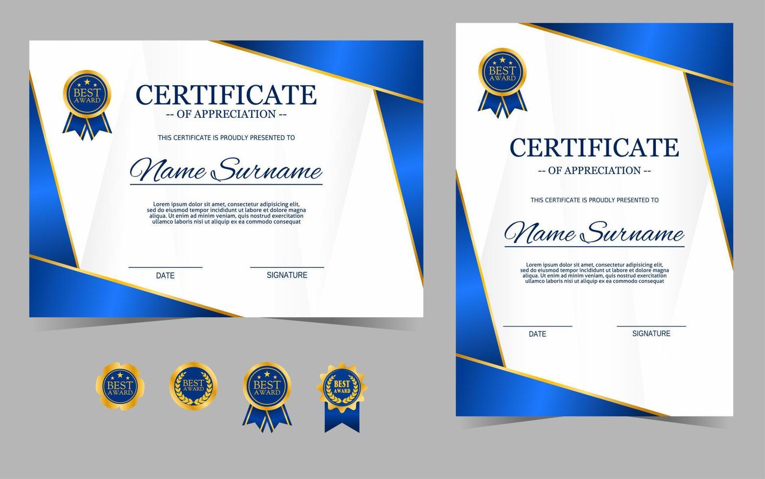 Blue and gold certificate of appreciation border template. Certificate template with luxury badge for awards, business, education. Diploma vector template