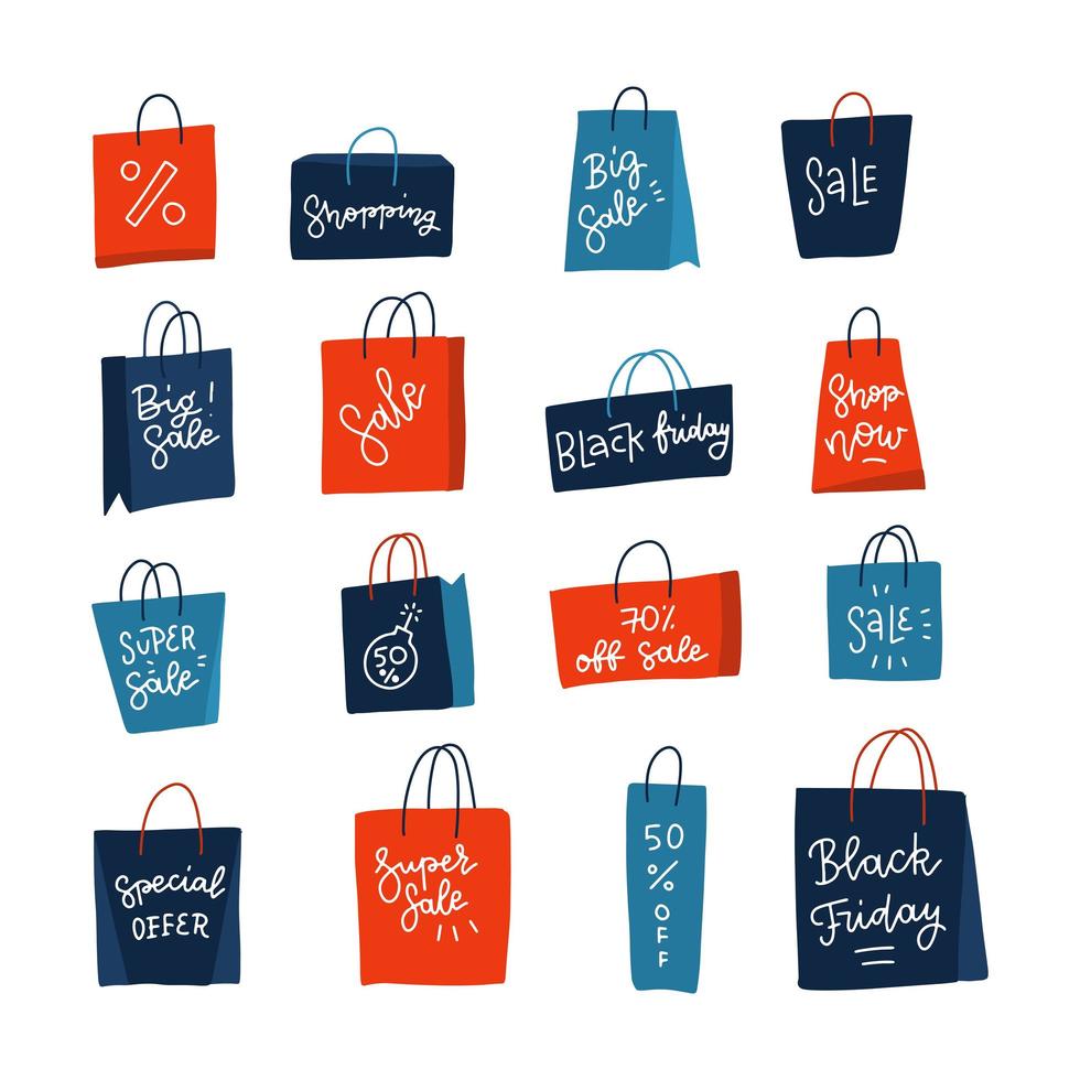 bolsas de papel de compras de color con texto de letras de publicidad de ventas. gran venta en tienda de ropa. conjunto aislado sobre fondo blanco. viernes negro para descuentos de temporada, promociones. ilustraciones vectoriales planas vector