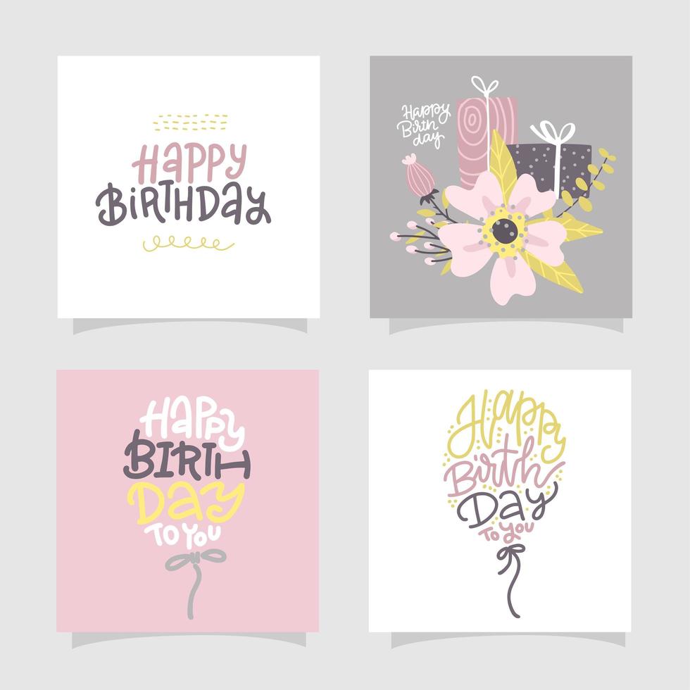 tarjetas de felicitación de feliz cumpleaños y plantillas de invitación de fiesta con texto de letras. ilustración dibujada a mano plana vectorial con texto de letras de moda. pancartas tipográficas cuadradas de color pastel. vector