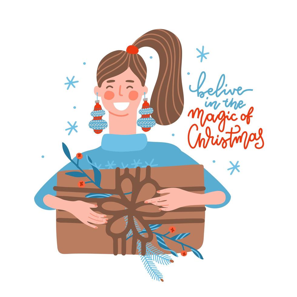 Happy young woman carrying huge christmas gifts box. Girl with bauble earings holding her holiday present. Female cartoon characeter gives or gets presents at christmas party. Flat vector design