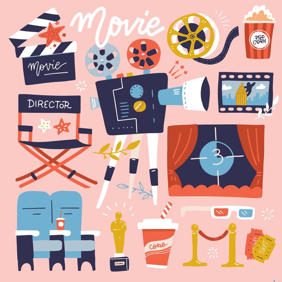 Set of Cinema flat colored Doodle Illustration. Collection of many movie items. Reel, Camera, Ticket, Clapperboard and Fast Food. Cartoon flat Vector Illustration.