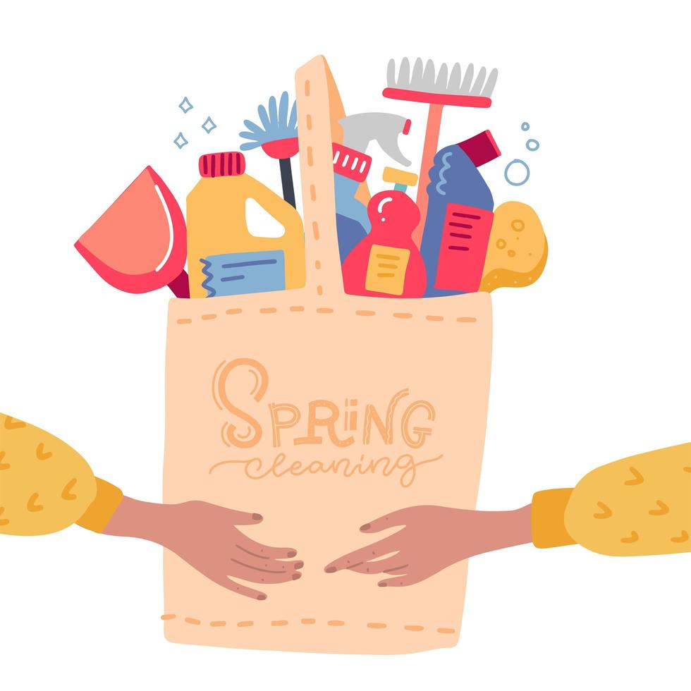 Two female hands holding eco bag with house cleaning tools and equipment. Clean home service concept. Spring cleaning lettering. Flat hand drwan vector illustration.