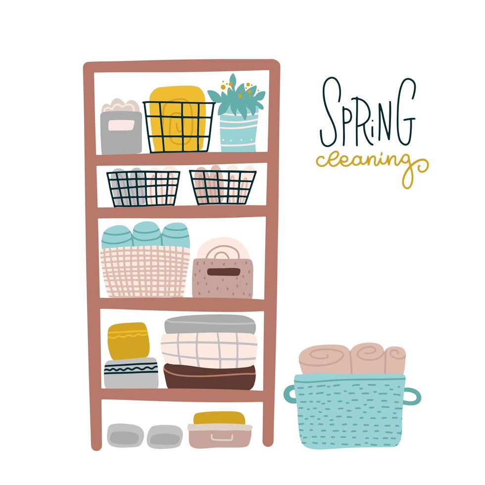 Spring cleaning of closet. Wardrobe with shelf, towels, boxes and basket for storage. Bathroom cabinet, shelves for towels, supplies and accessories. Flat hand drawn vector illustration.