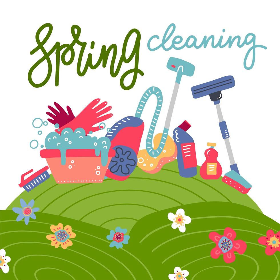 Spring cleaning square background with cleaning tools, equipment in flowering hills field. Flat hand drawn vector illustration for greeting card, ad, promotion, poster, flier, blog, article