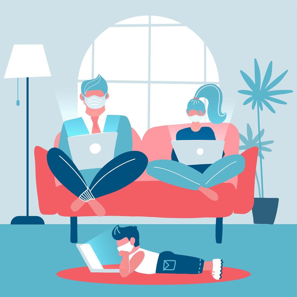 Whole family working on laptops sitting on a sofa. Husband and wife work remotely. Child lying on the floor studying remotely. Trendy home interior. Gadget addiction. Flat vector illustration