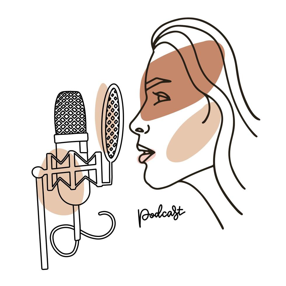 Radio host with professional mic flat vector illustration. Media hosting linear abstract drawing. Female podcaster profile speaking to microphone, broadcaster at workspace isolated character. Vector