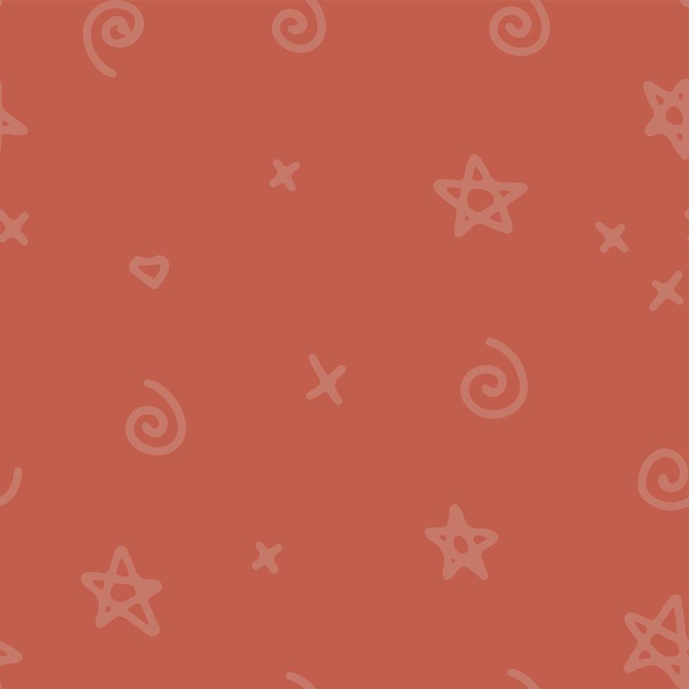 Halloween hand drawn seamless vector pattern with orange cross, star and spiral on a red background. Linear doodle style design. Concept for children textile print, wrapping paper, holiday decor.