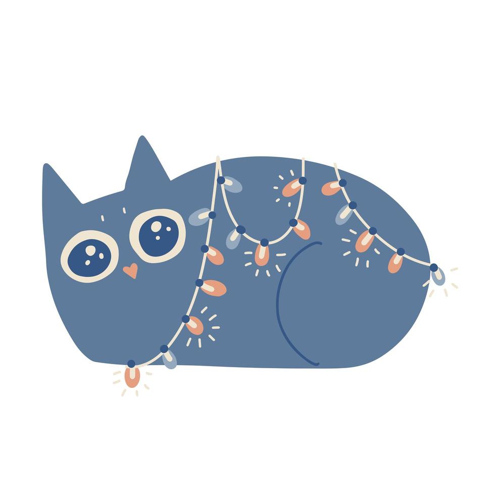 Cute funny Christmas cat in string lights garland. Freehand isolated element. Vector flat Illustration. Only 5 colors - Easy to recolor.