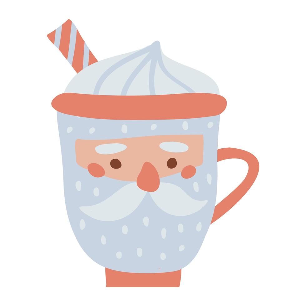 Santa Claus cup with whipped cream and striped straw. Santa s head mug with hot winter drink. Freehand isolated element. Vector flat hand drawn Illustration. Only 5 colors - Easy to recolor.