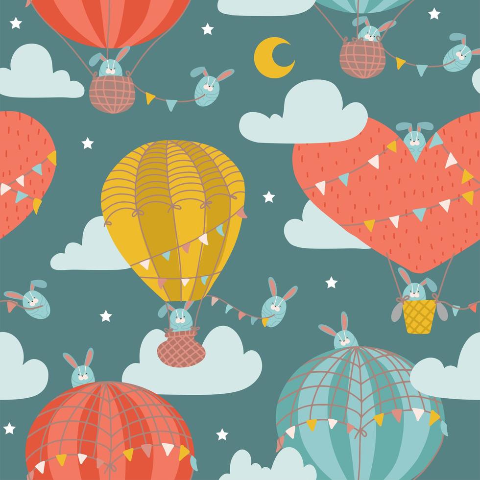 Seamless pattern with Cute bunny in hot air balloon. Childish Animal on the starry fantatic sky with clouds. Flat hand drawn Vector good nignt and sweet dreams concept.