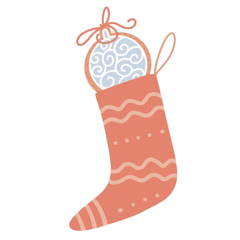 Christmas colorful sock with gingerbread cookie inside. Red striped stocking. Isolated clipart element for design. Vector flat Illustration. Only 5 colors - Easy to recolor.