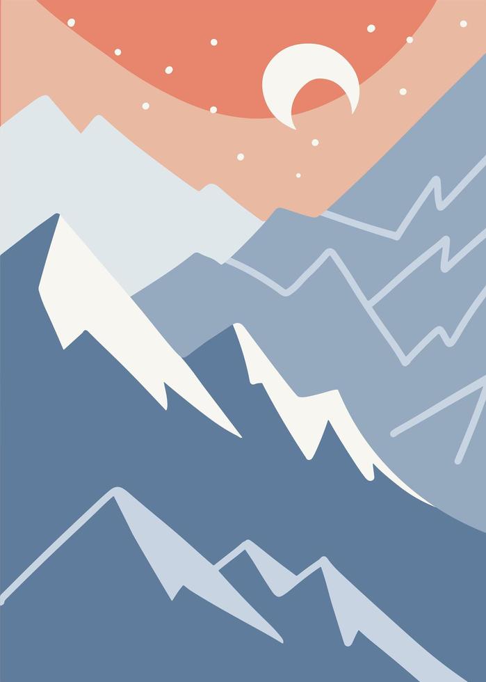 Abstract mountain landscapes background. Simple modern vector illustrations with hand drawn mountains, sky, moon.Trendy contemporary design. Wall art decor.